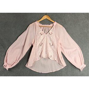 Free People Sivan Pink Embroidered Lace Puff Sleeve Pullover Blouse Size Small